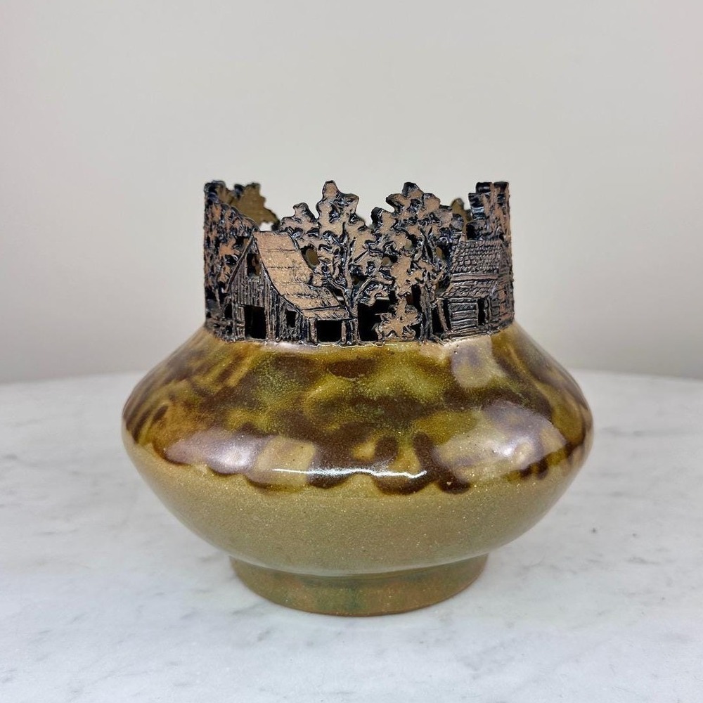 Rodney Leftwich Folk Art Pottery Vase Asheville NC Brown Green 1995 Cutout Rim